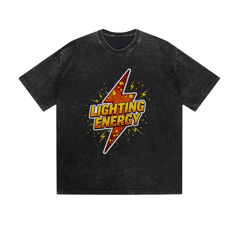 Vintage Washed T-Shirt Lighting Energy Lightning Bolt Graphic Print Casual Daily Streetwear Feel lives