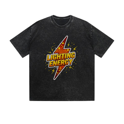 Vintage Washed T-Shirt Lighting Energy Lightning Bolt Graphic Print Casual Daily Streetwear Feel lives