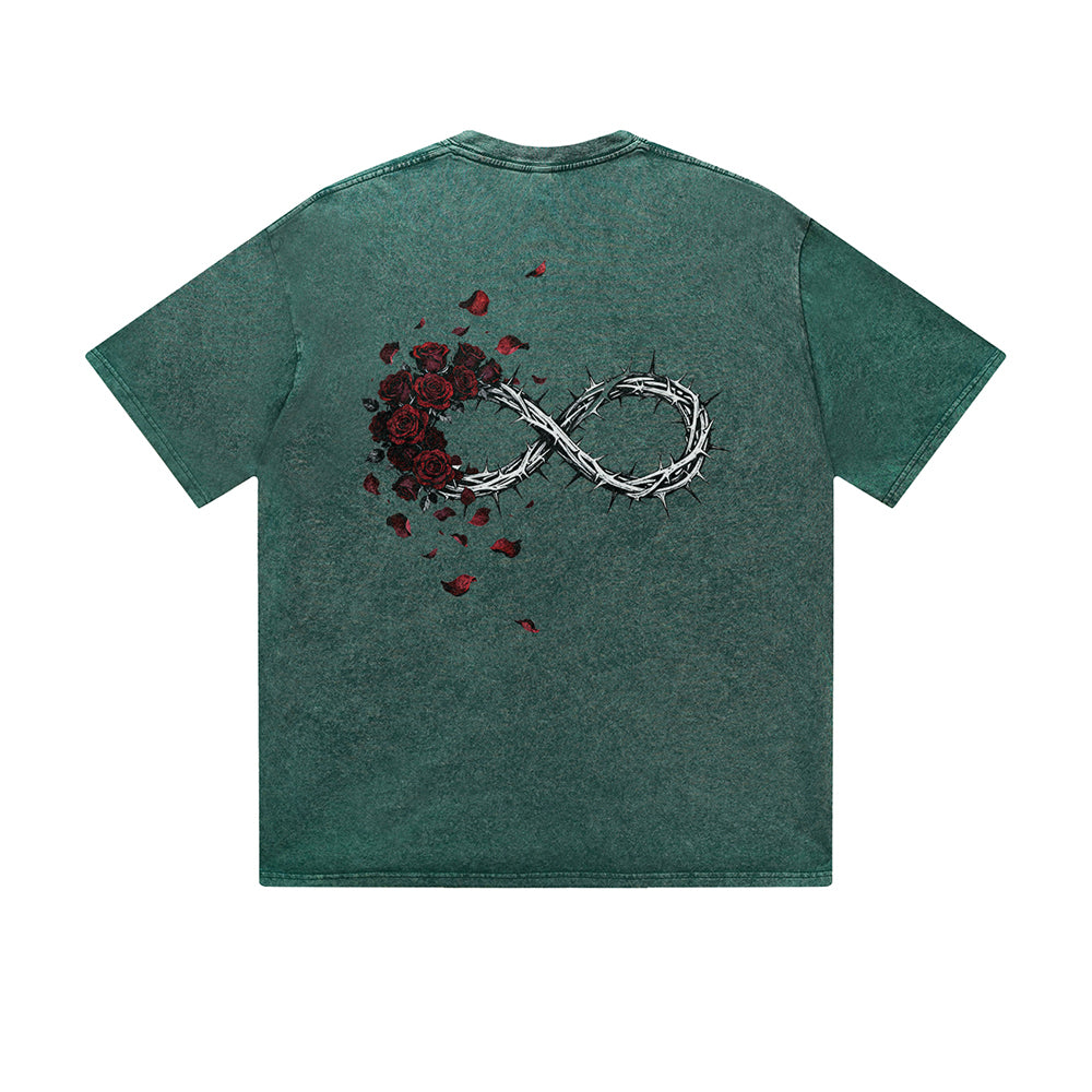 Vintage Washed T-Shirt Infinity Rose Barbed Wire Graphic Print Casual Daily Streetwear Feel lives