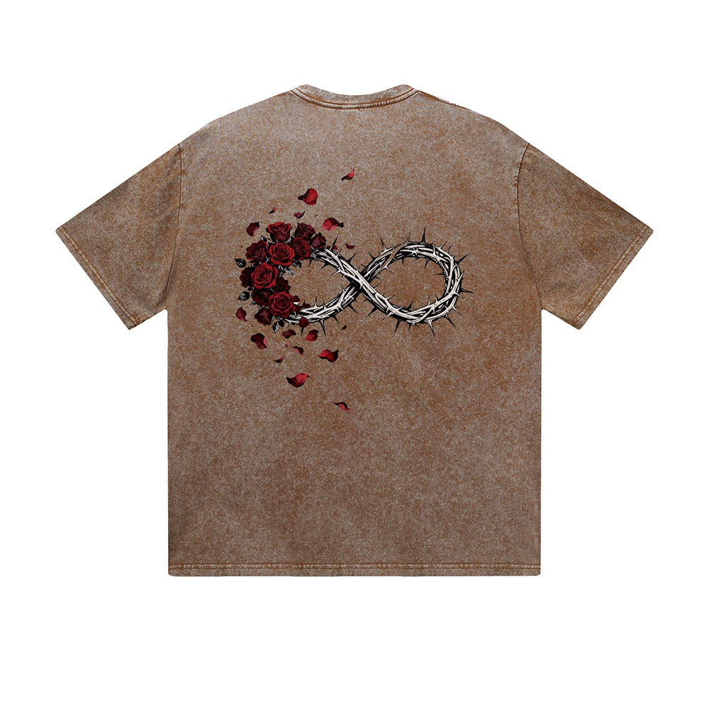 Vintage Washed T-Shirt Infinity Rose Barbed Wire Graphic Print Casual Daily Streetwear Feel lives