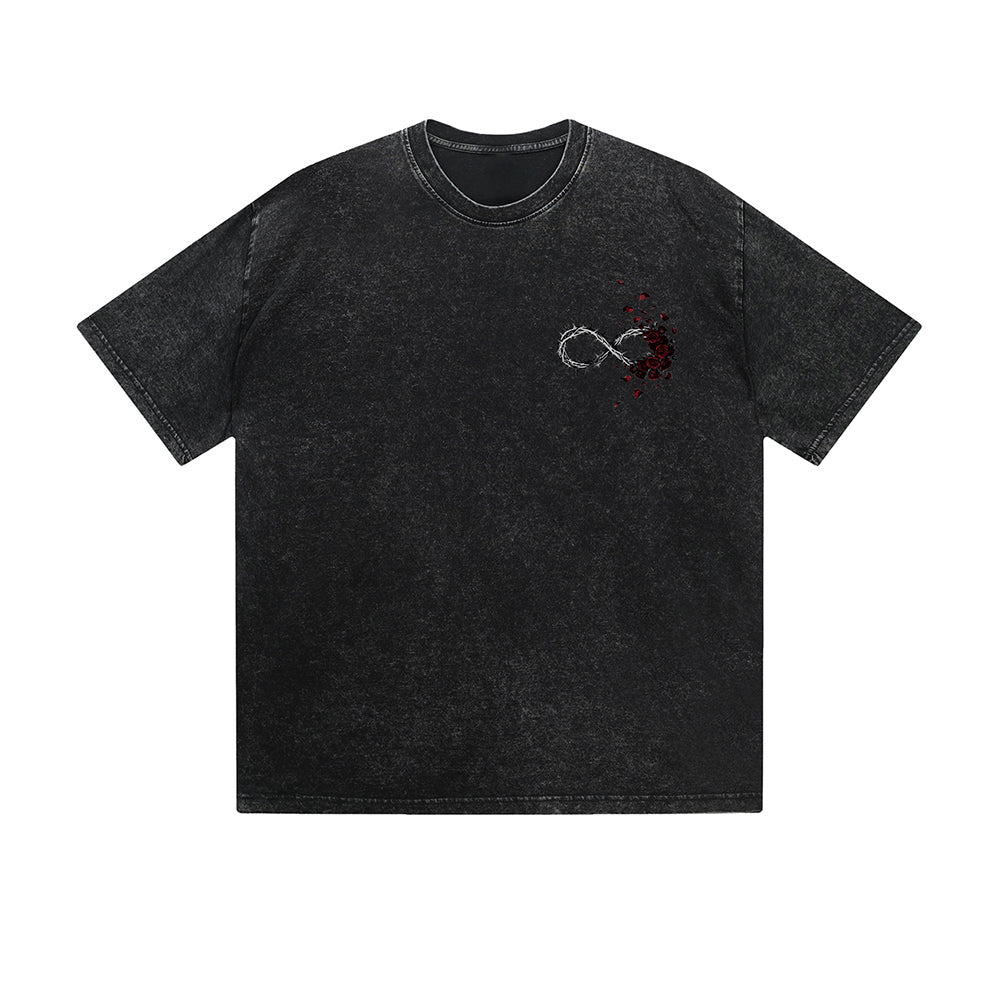 Vintage Washed T-Shirt Infinity Rose Barbed Wire Graphic Print Casual Daily Streetwear Feel lives