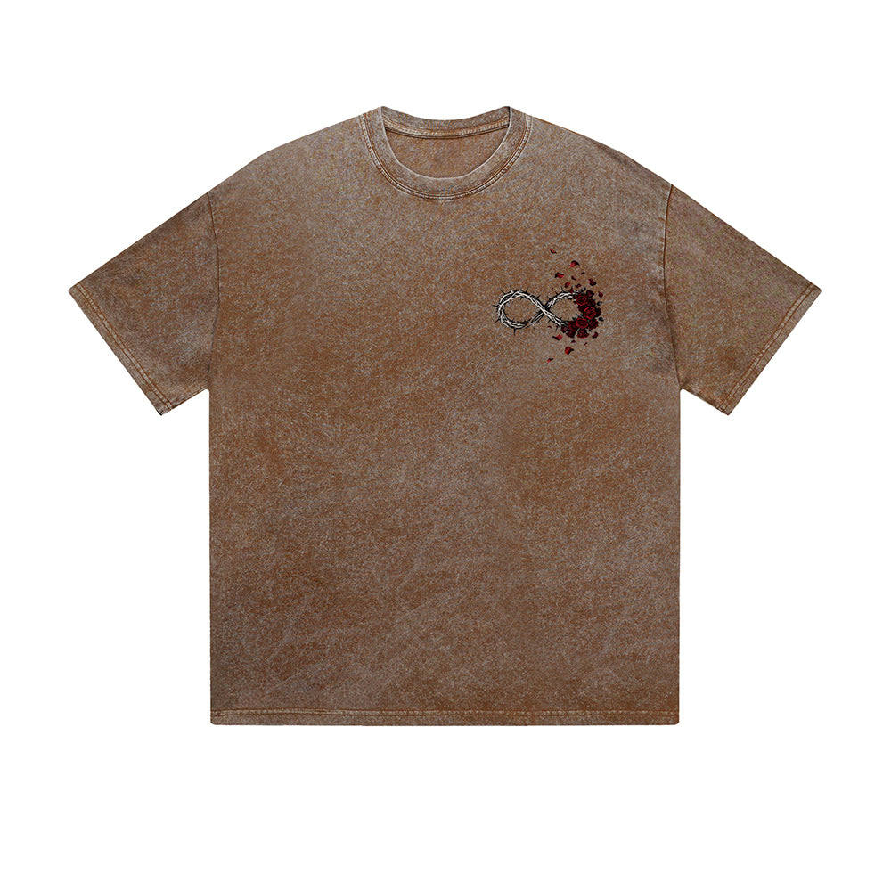 Vintage Washed T-Shirt Infinity Rose Barbed Wire Graphic Print Casual Daily Streetwear Feel lives