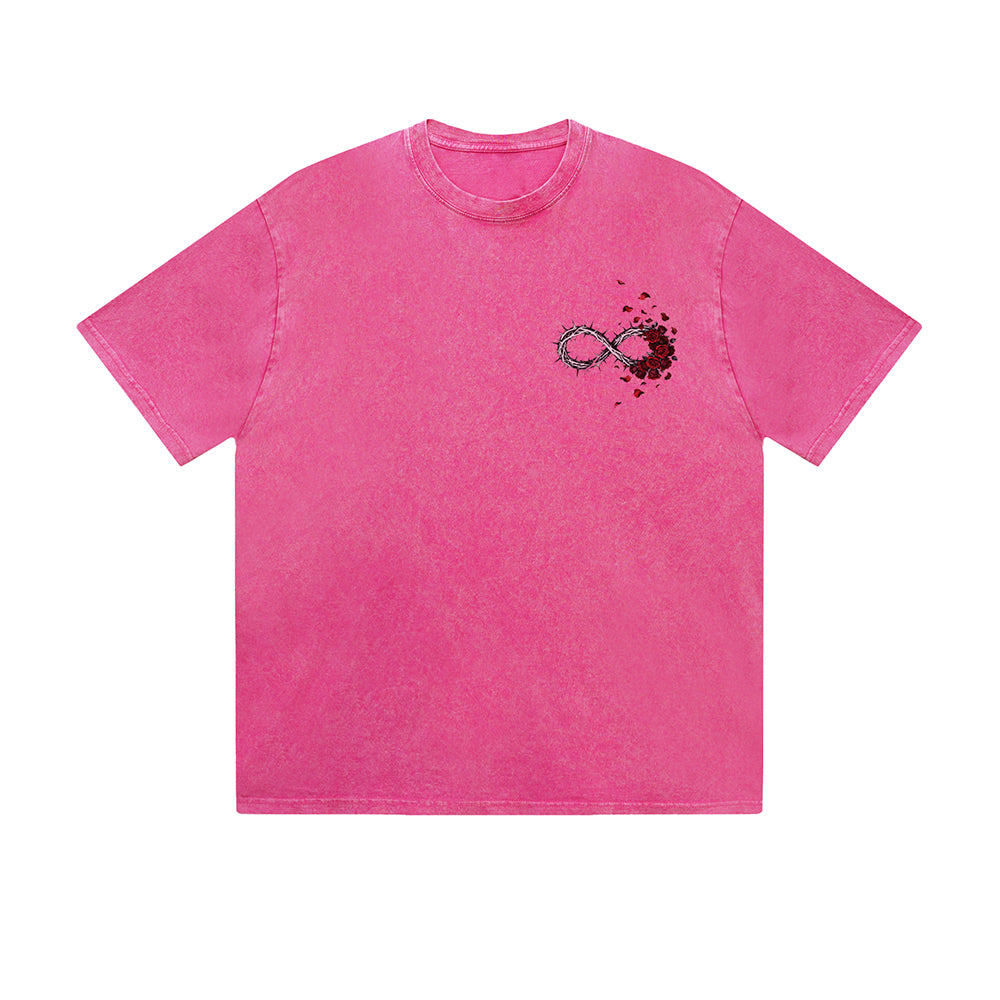 Vintage Washed T-Shirt Infinity Rose Barbed Wire Graphic Print Casual Daily Streetwear Feel lives