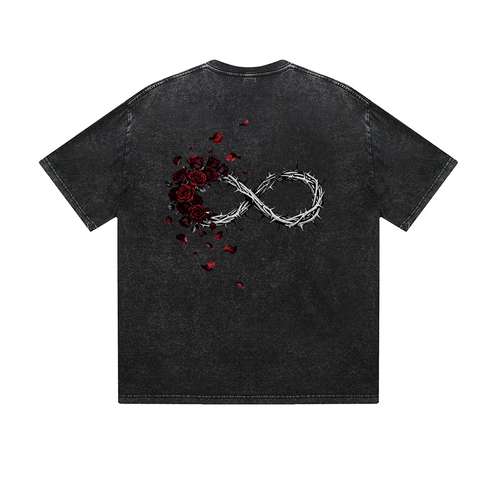 Vintage Washed T-Shirt Infinity Rose Barbed Wire Graphic Print Casual Daily Streetwear Feel lives