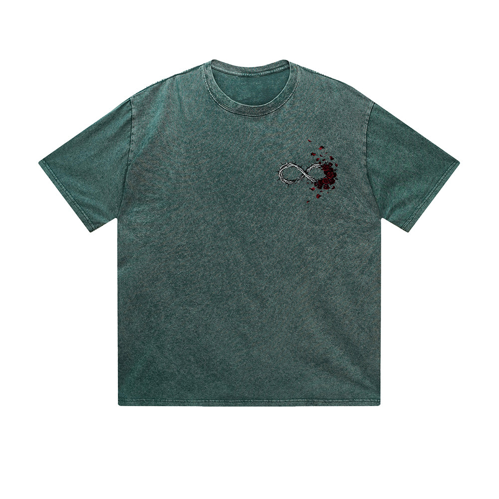 Vintage Washed T-Shirt Infinity Rose Barbed Wire Graphic Print Casual Daily Streetwear Feel lives