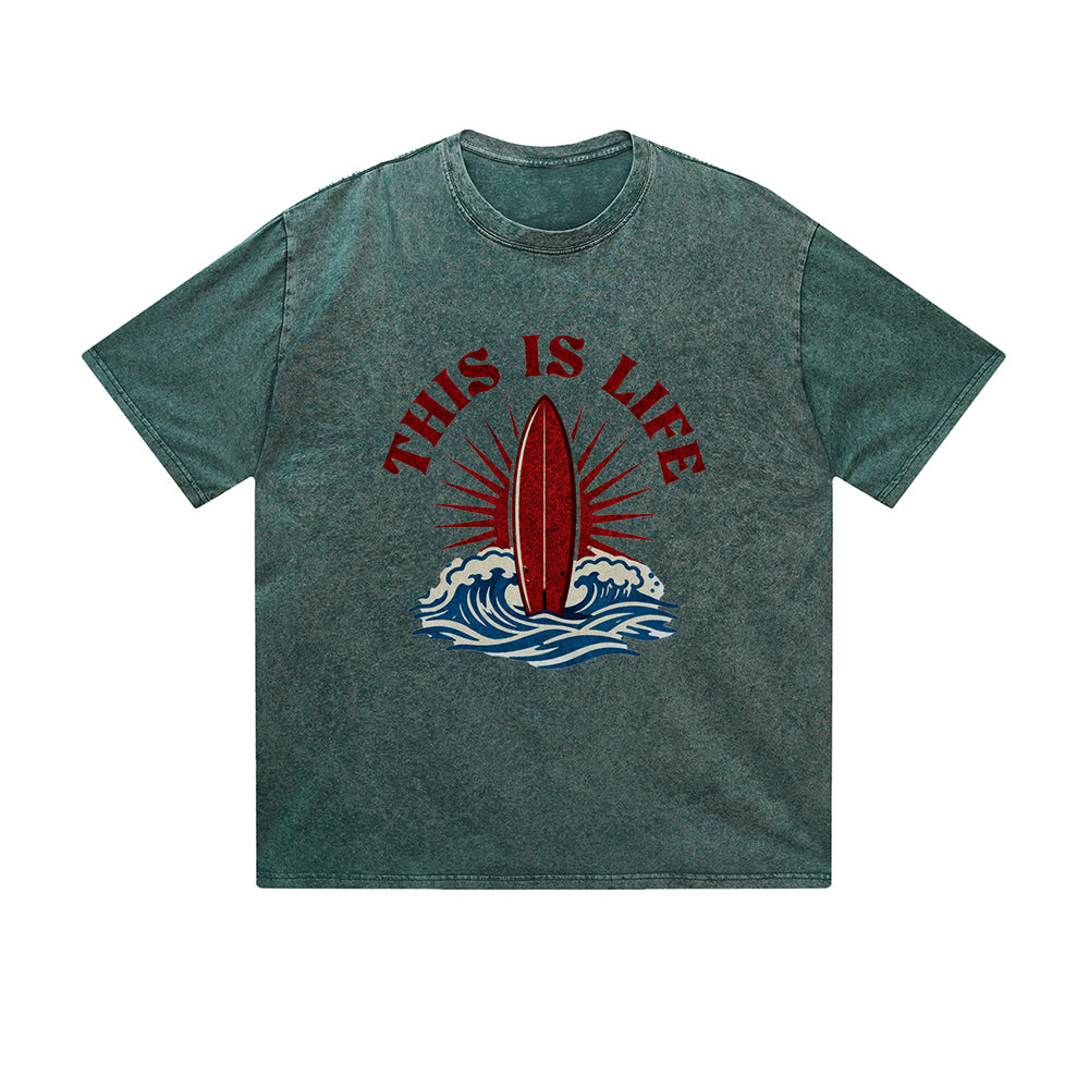Vintage Washed T-Shirt This Is Life Surfboard Wave Graphic Print Casual Daily Streetwear Feel lives