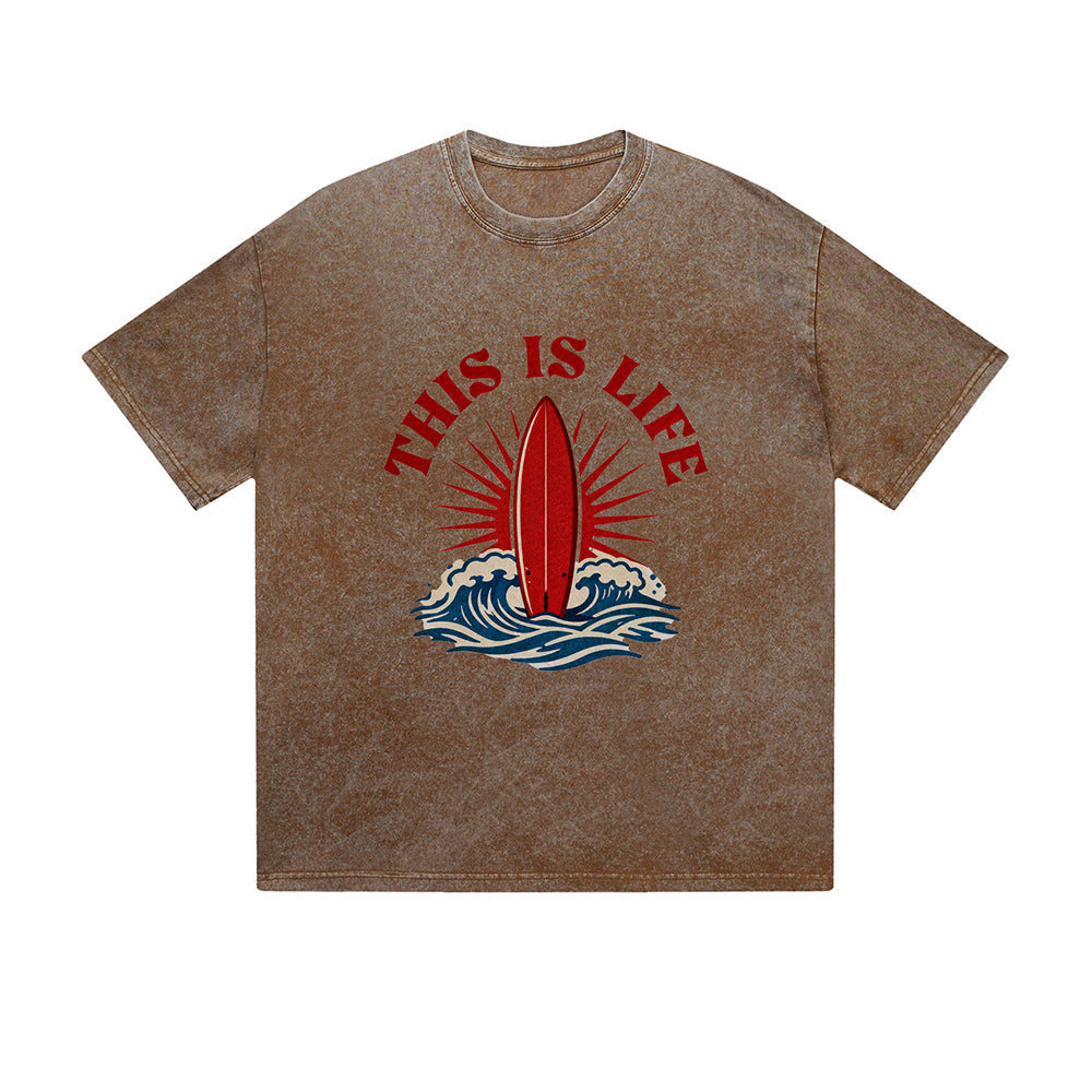 Vintage Washed T-Shirt This Is Life Surfboard Wave Graphic Print Casual Daily Streetwear Feel lives
