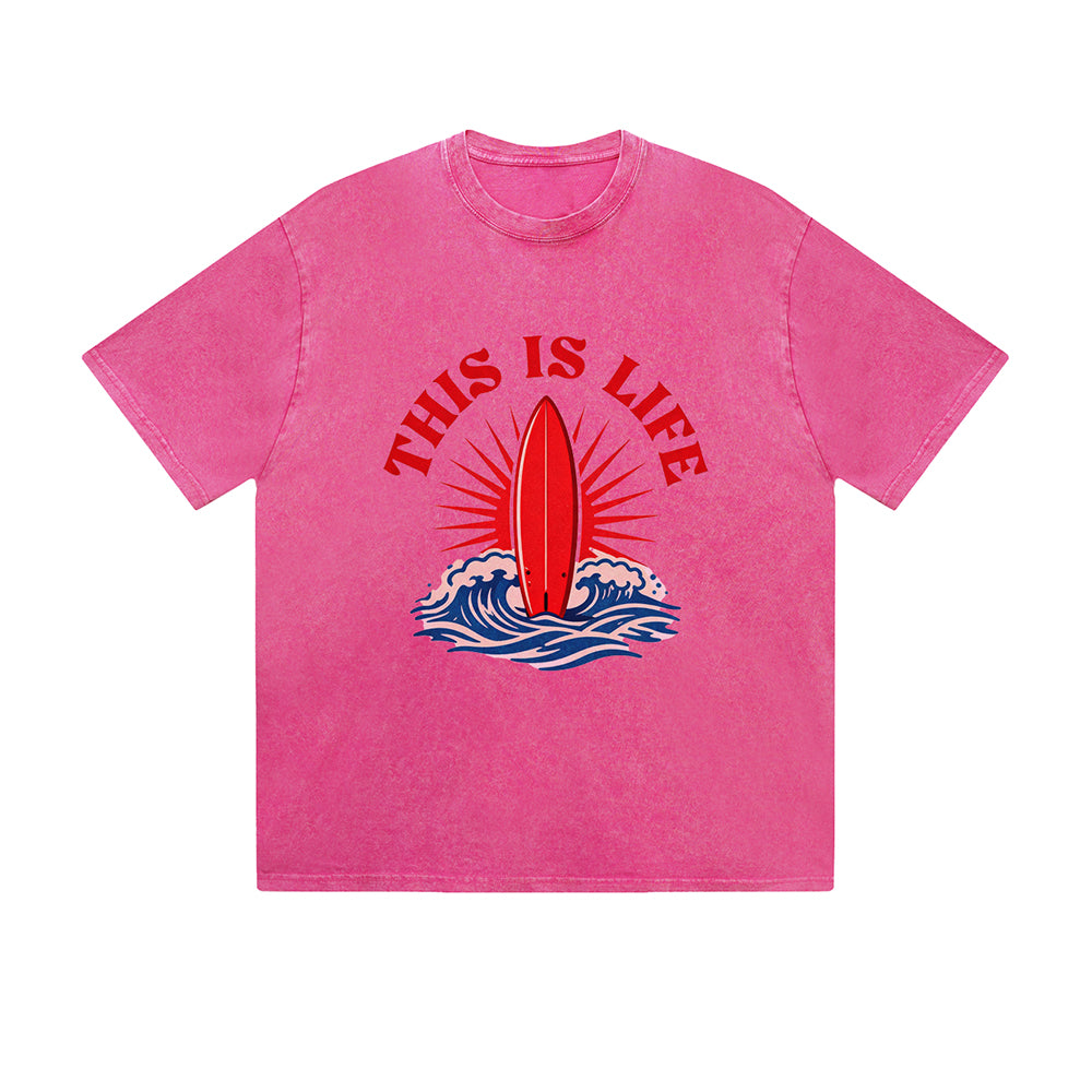 Vintage Washed T-Shirt This Is Life Surfboard Wave Graphic Print Casual Daily Streetwear Feel lives