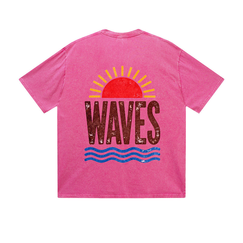 Vintage Washed T-Shirt Waves Sunset Beach Graphic Print Casual Daily Streetwear Feel lives