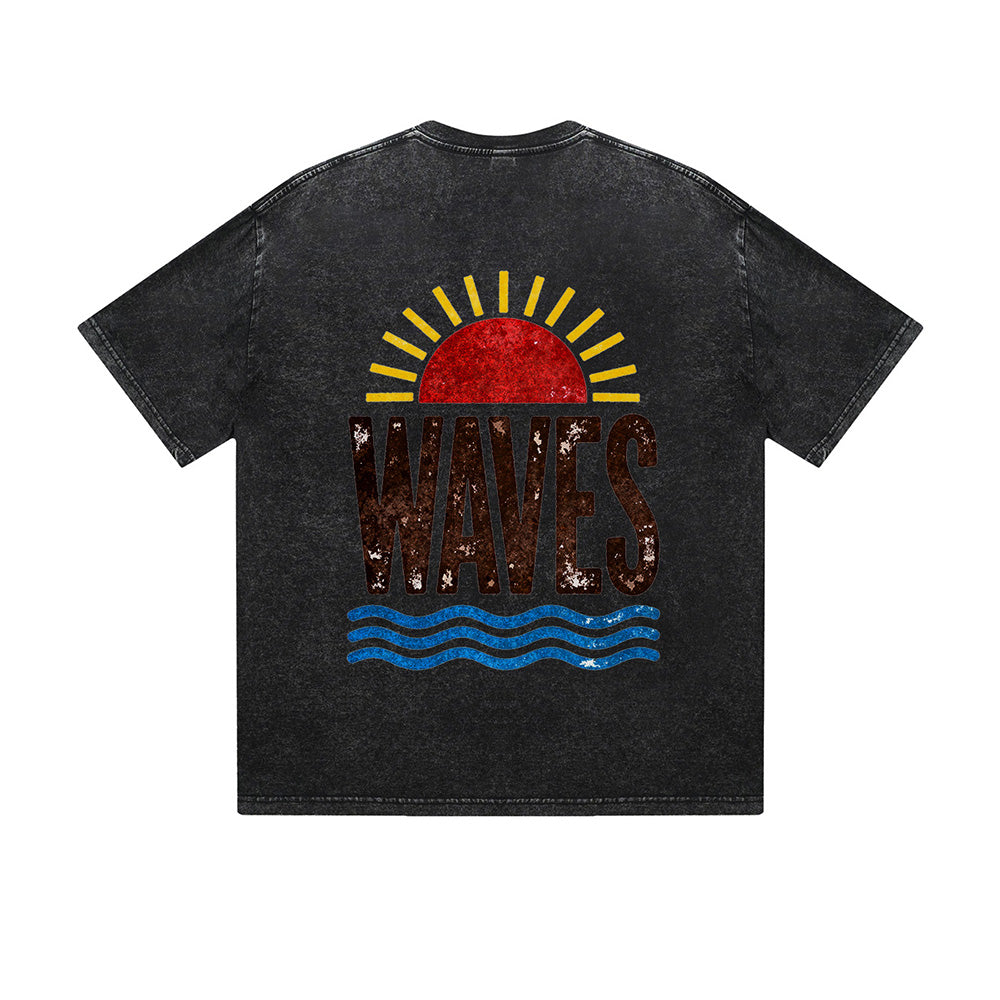 Vintage Washed T-Shirt Waves Sunset Beach Graphic Print Casual Daily Streetwear Feel lives