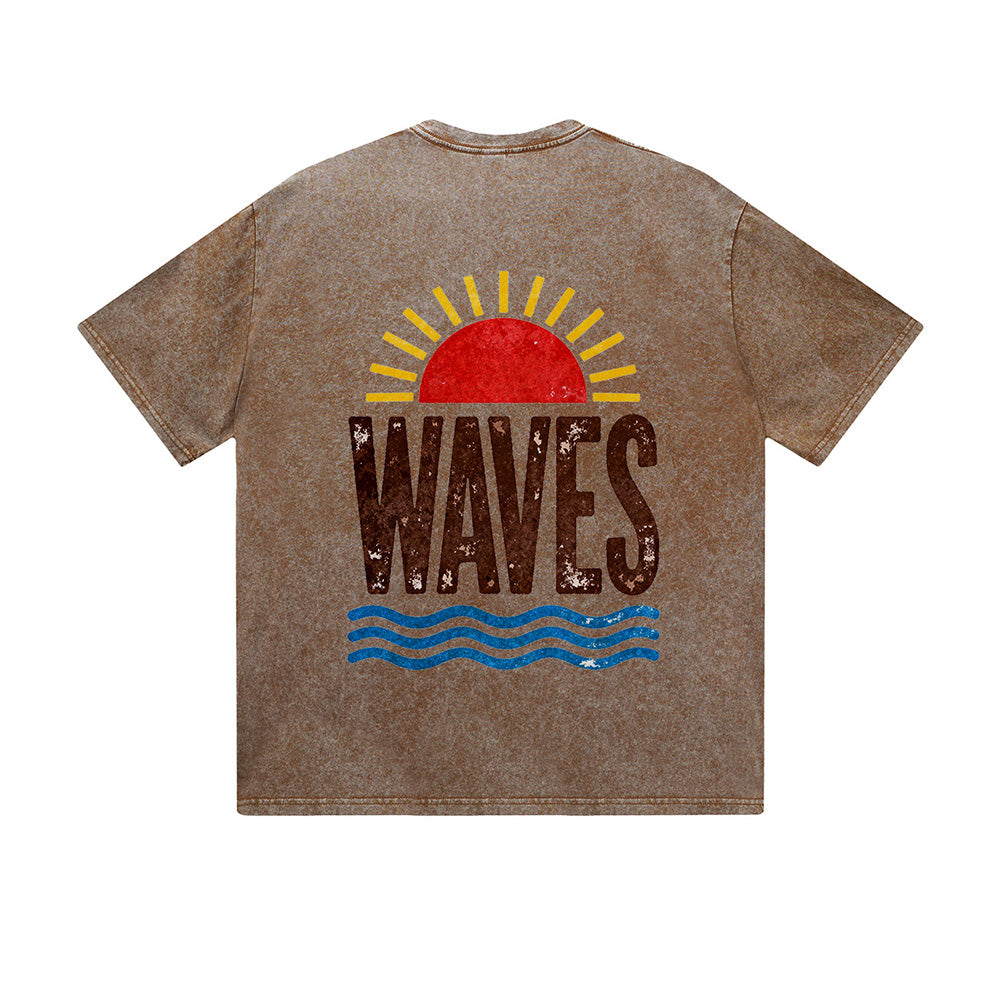 Vintage Washed T-Shirt Waves Sunset Beach Graphic Print Casual Daily Streetwear Feel lives