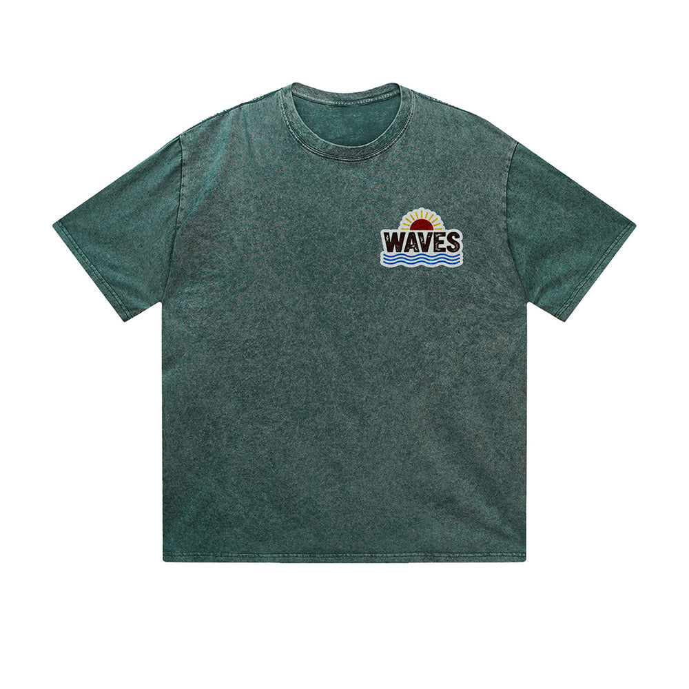 Vintage Washed T-Shirt Waves Sunset Beach Graphic Print Casual Daily Streetwear Feel lives