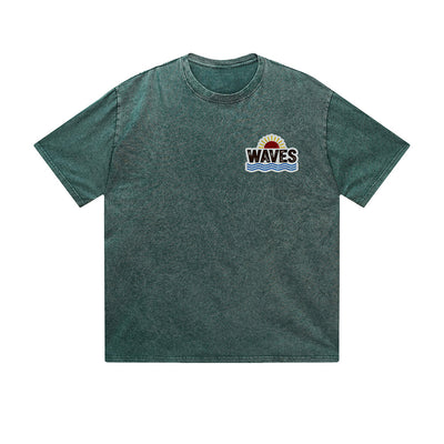 Vintage Washed T-Shirt Waves Sunset Beach Graphic Print Casual Daily Streetwear Feel lives
