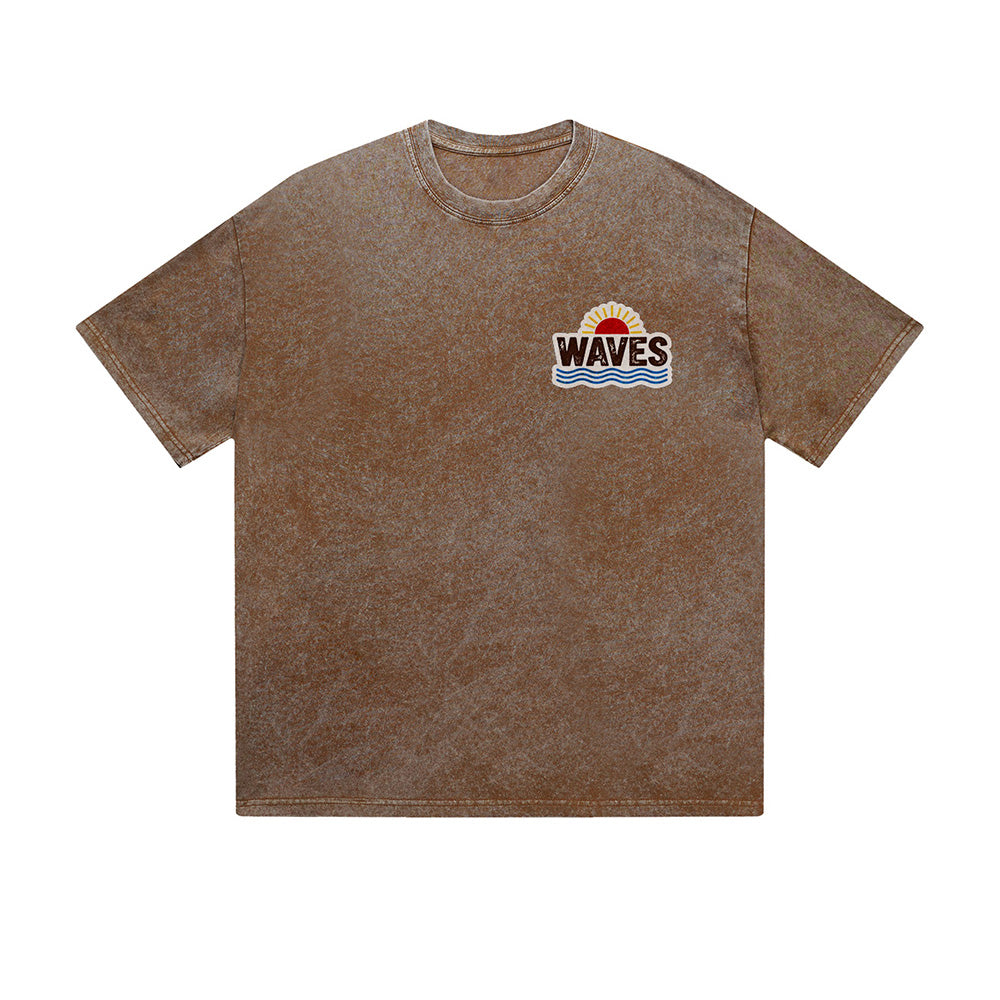 Vintage Washed T-Shirt Waves Sunset Beach Graphic Print Casual Daily Streetwear Feel lives