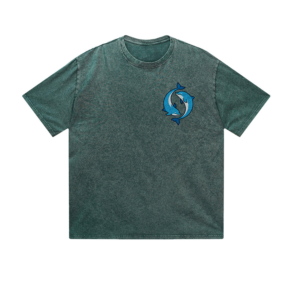 Vintage Washed T-Shirt Yin Yang Dolphin Graphic Print Casual Daily Streetwear Feel lives
