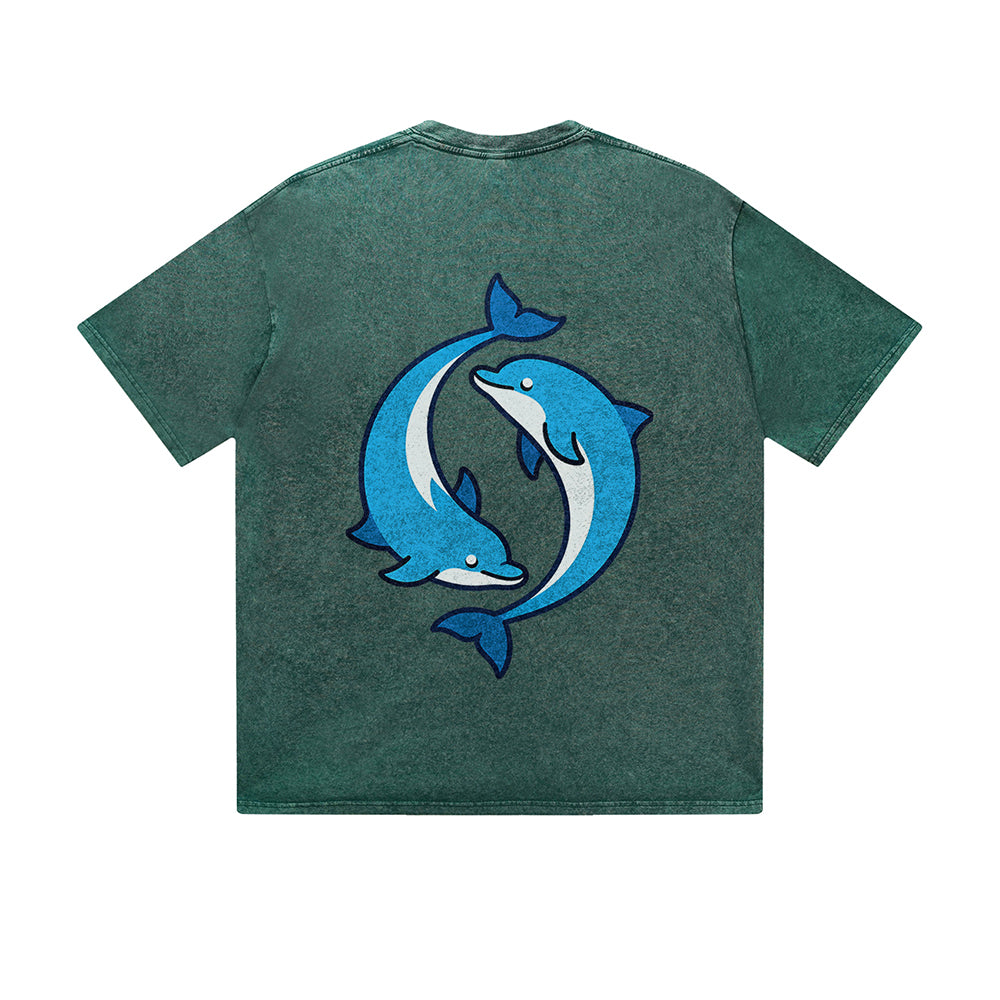 Vintage Washed T-Shirt Yin Yang Dolphin Graphic Print Casual Daily Streetwear Feel lives