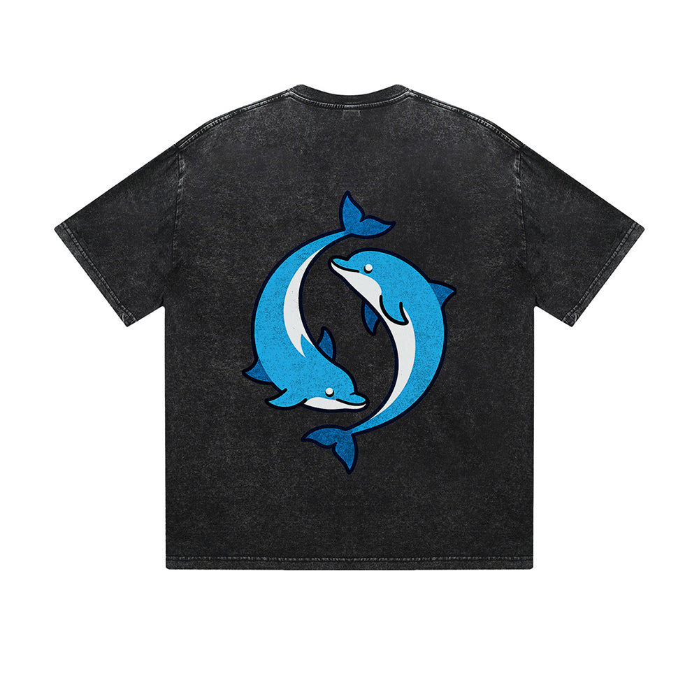 Vintage Washed T-Shirt Yin Yang Dolphin Graphic Print Casual Daily Streetwear Feel lives