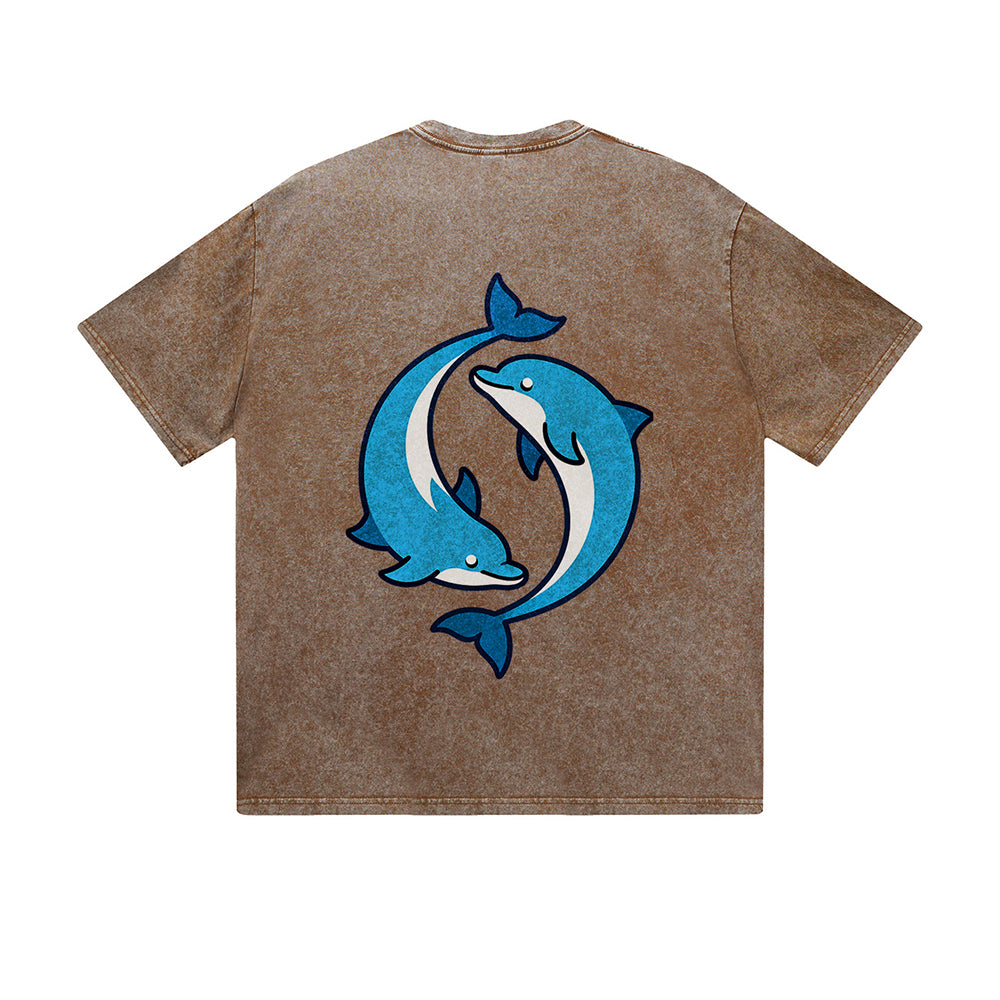 Vintage Washed T-Shirt Yin Yang Dolphin Graphic Print Casual Daily Streetwear Feel lives