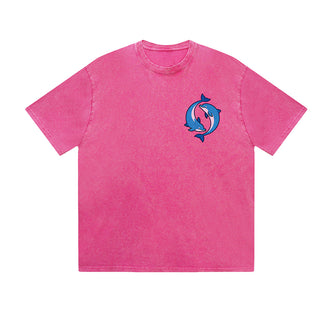 Vintage Washed T-Shirt Yin Yang Dolphin Graphic Print Casual Daily Streetwear Feel lives