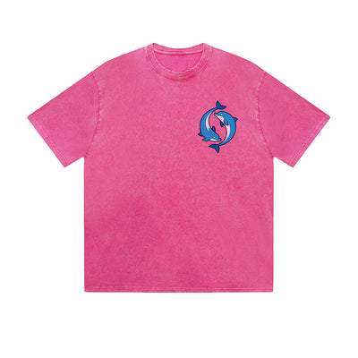 Vintage Washed T-Shirt Yin Yang Dolphin Graphic Print Casual Daily Streetwear Feel lives