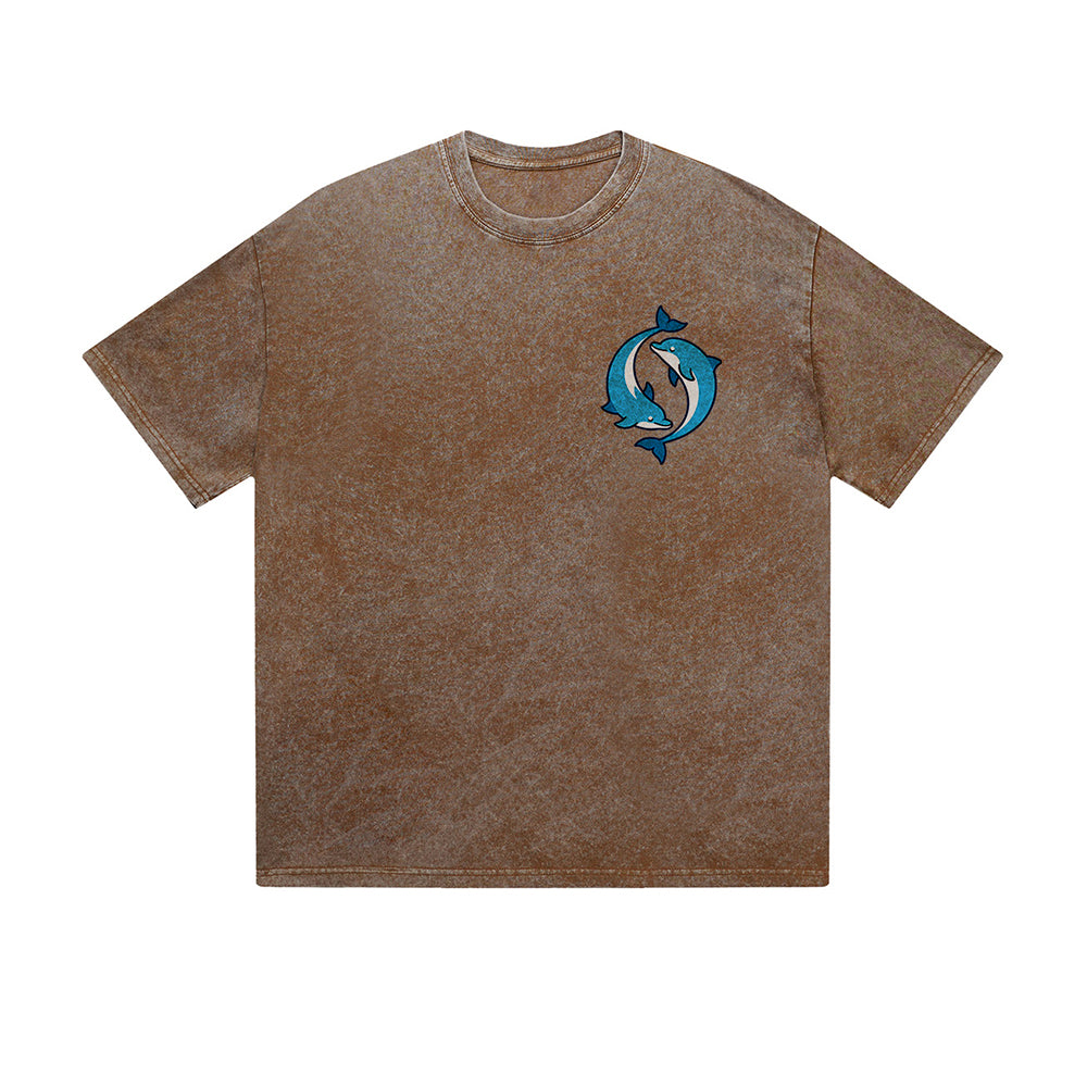 Vintage Washed T-Shirt Yin Yang Dolphin Graphic Print Casual Daily Streetwear Feel lives
