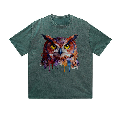 Vintage Washed T-Shirt Watercolor Owl Art Graphic Print Casual Daily Streetwear Feel lives