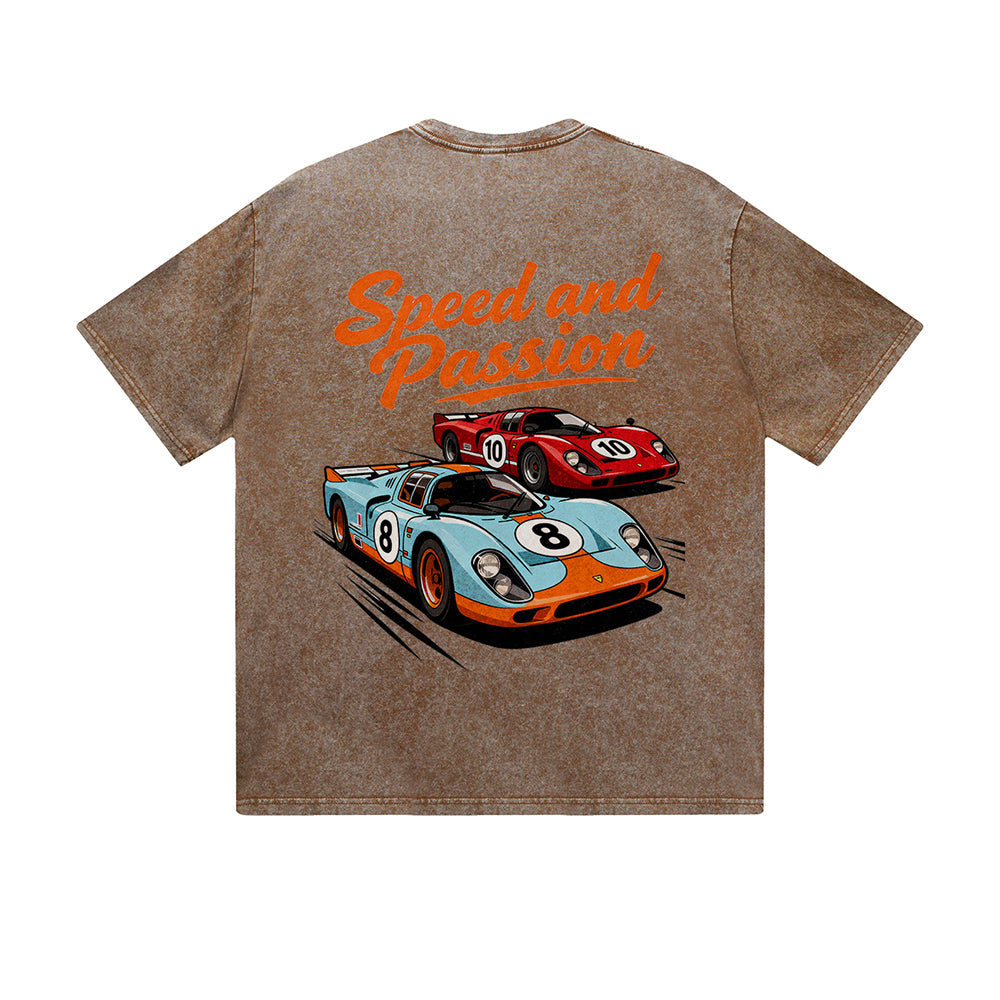 Vintage Washed T-Shirt Speed And Passion Racing Car Graphic Print Casual Daily Streetwear Feel lives