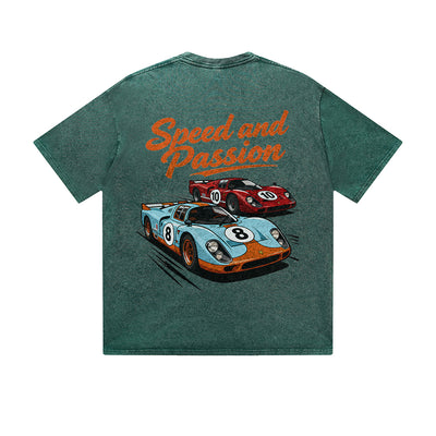 Vintage Washed T-Shirt Speed And Passion Racing Car Graphic Print Casual Daily Streetwear Feel lives
