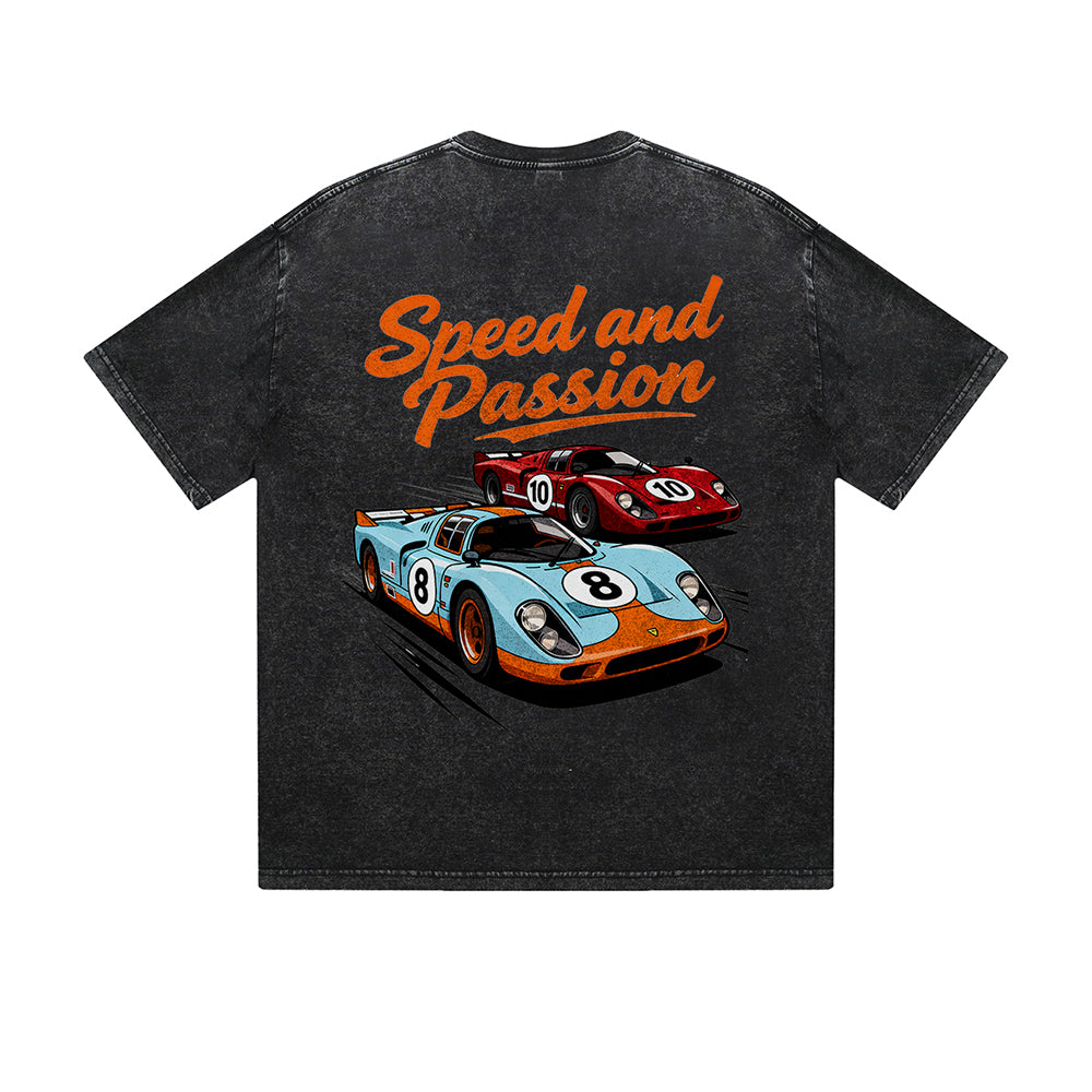 Vintage Washed T-Shirt Speed And Passion Racing Car Graphic Print Casual Daily Streetwear Feel lives