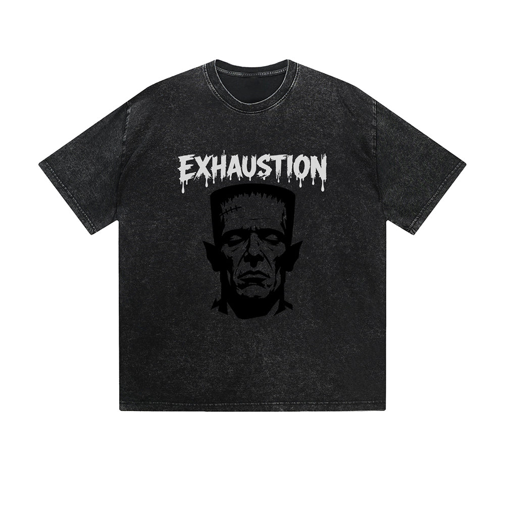 Vintage Washed T-Shirt Exhaustion Frankenstein Graphic Print Casual Daily Streetwear Feel lives