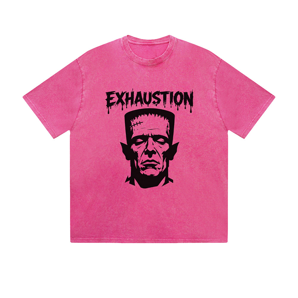 Vintage Washed T-Shirt Exhaustion Frankenstein Graphic Print Casual Daily Streetwear Feel lives