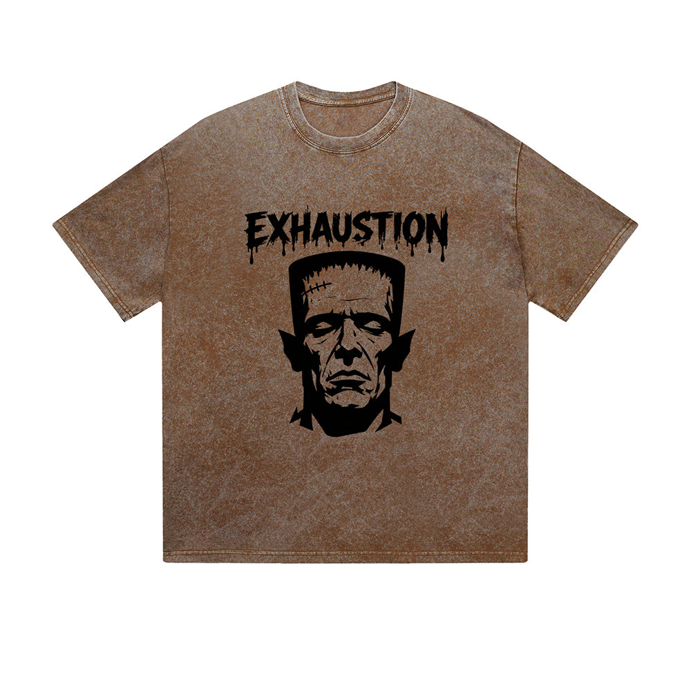 Vintage Washed T-Shirt Exhaustion Frankenstein Graphic Print Casual Daily Streetwear Feel lives