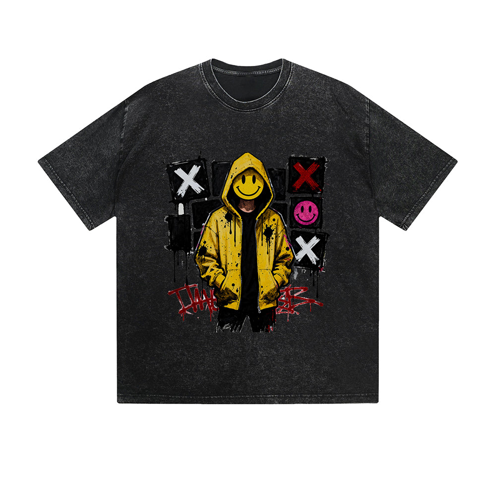 Vintage Washed T-Shirt Yellow Jacket Street Art Graphic Print Casual Daily Streetwear Feel lives