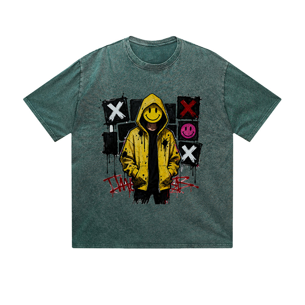 Vintage Washed T-Shirt Yellow Jacket Street Art Graphic Print Casual Daily Streetwear Feel lives