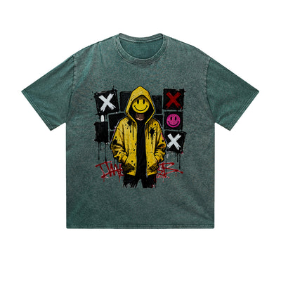 Vintage Washed T-Shirt Yellow Jacket Street Art Graphic Print Casual Daily Streetwear Feel lives