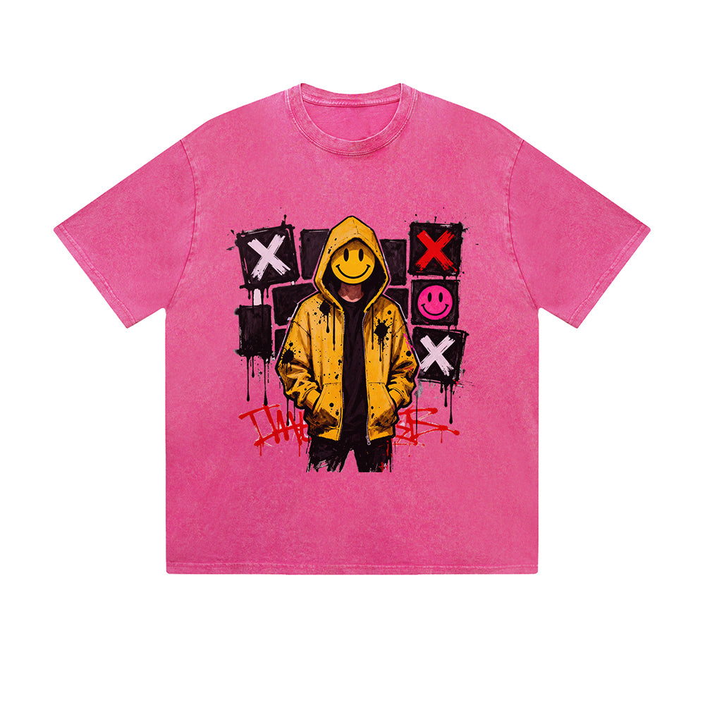 Vintage Washed T-Shirt Yellow Jacket Street Art Graphic Print Casual Daily Streetwear Feel lives