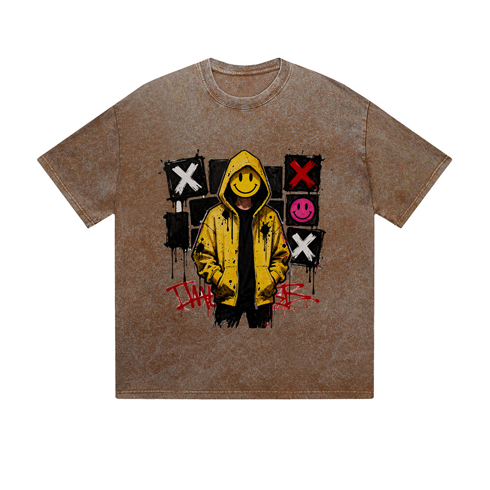 Vintage Washed T-Shirt Yellow Jacket Street Art Graphic Print Casual Daily Streetwear Feel lives