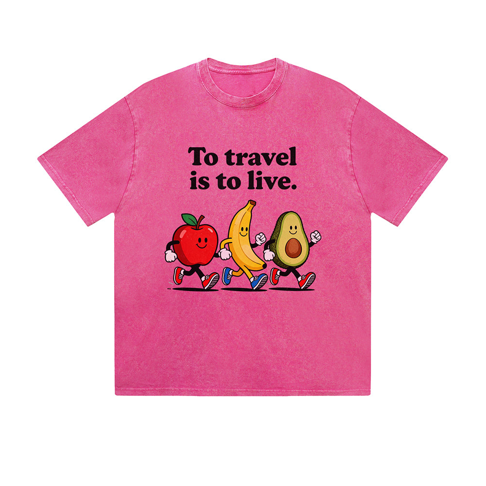 Vintage Washed T-Shirt To Travel Is To Live Fruit Cartoon Graphic Print Casual Daily Streetwear Feel lives