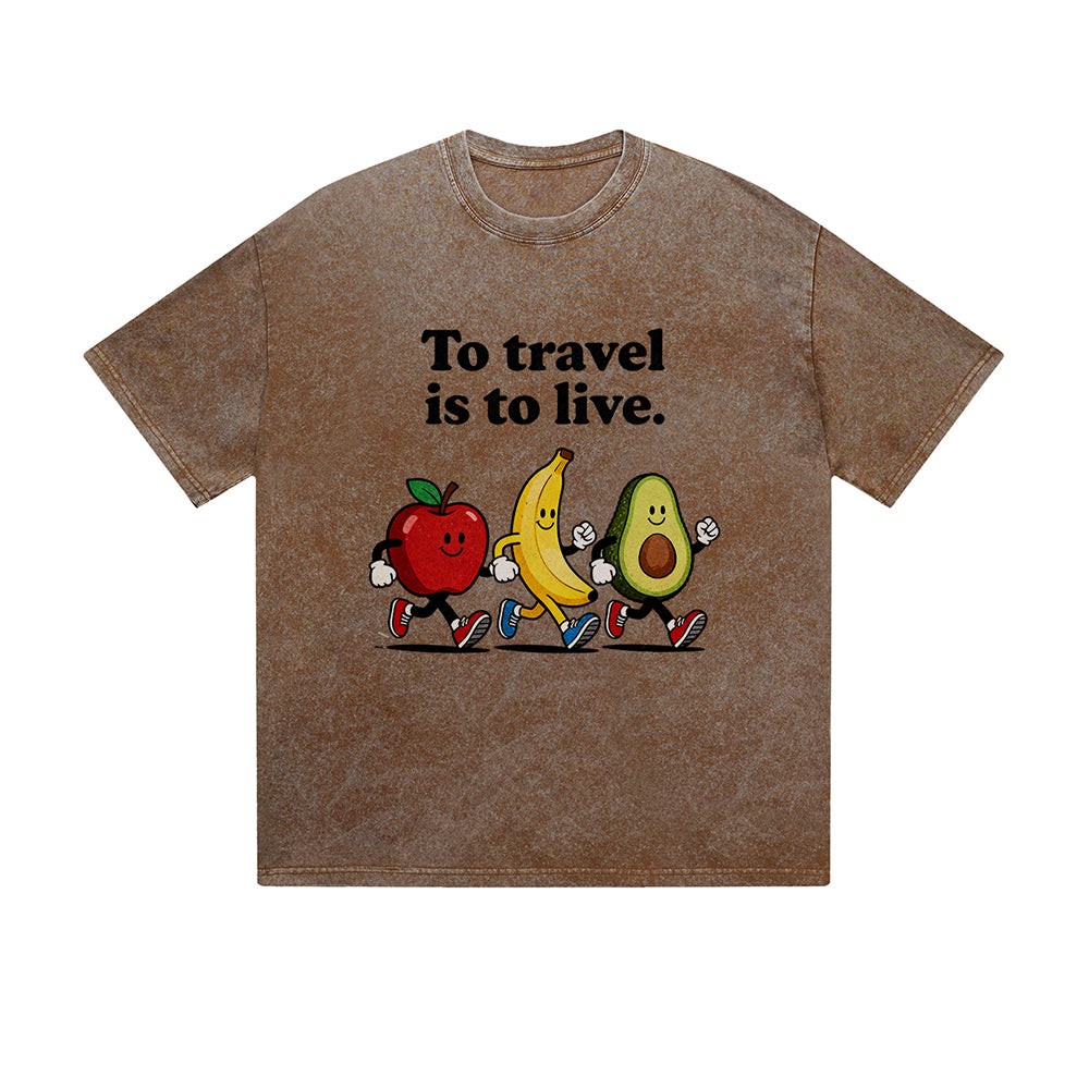 Vintage Washed T-Shirt To Travel Is To Live Fruit Cartoon Graphic Print Casual Daily Streetwear Feel lives