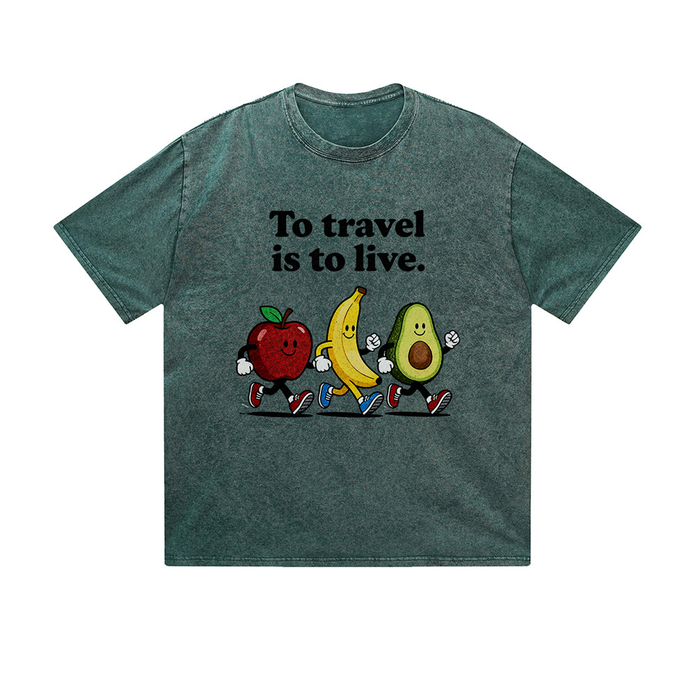 Vintage Washed T-Shirt To Travel Is To Live Fruit Cartoon Graphic Print Casual Daily Streetwear Feel lives