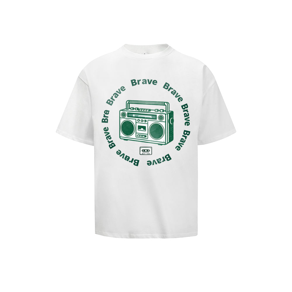 Solid Color T-Shirt Brave Boombox Retro Radio Circle Text Graphic Print Casual Daily Streetwear Feel lives