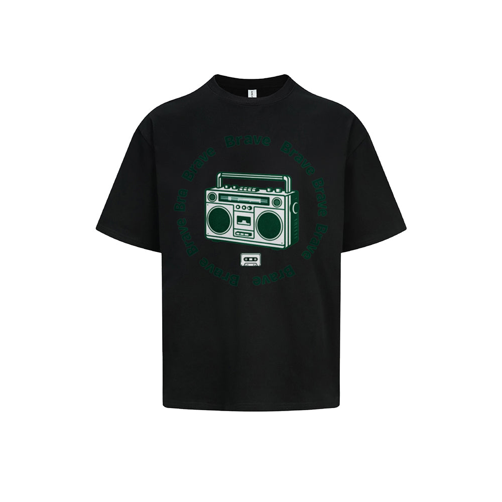 Solid Color T-Shirt Brave Boombox Retro Radio Circle Text Graphic Print Casual Daily Streetwear Feel lives