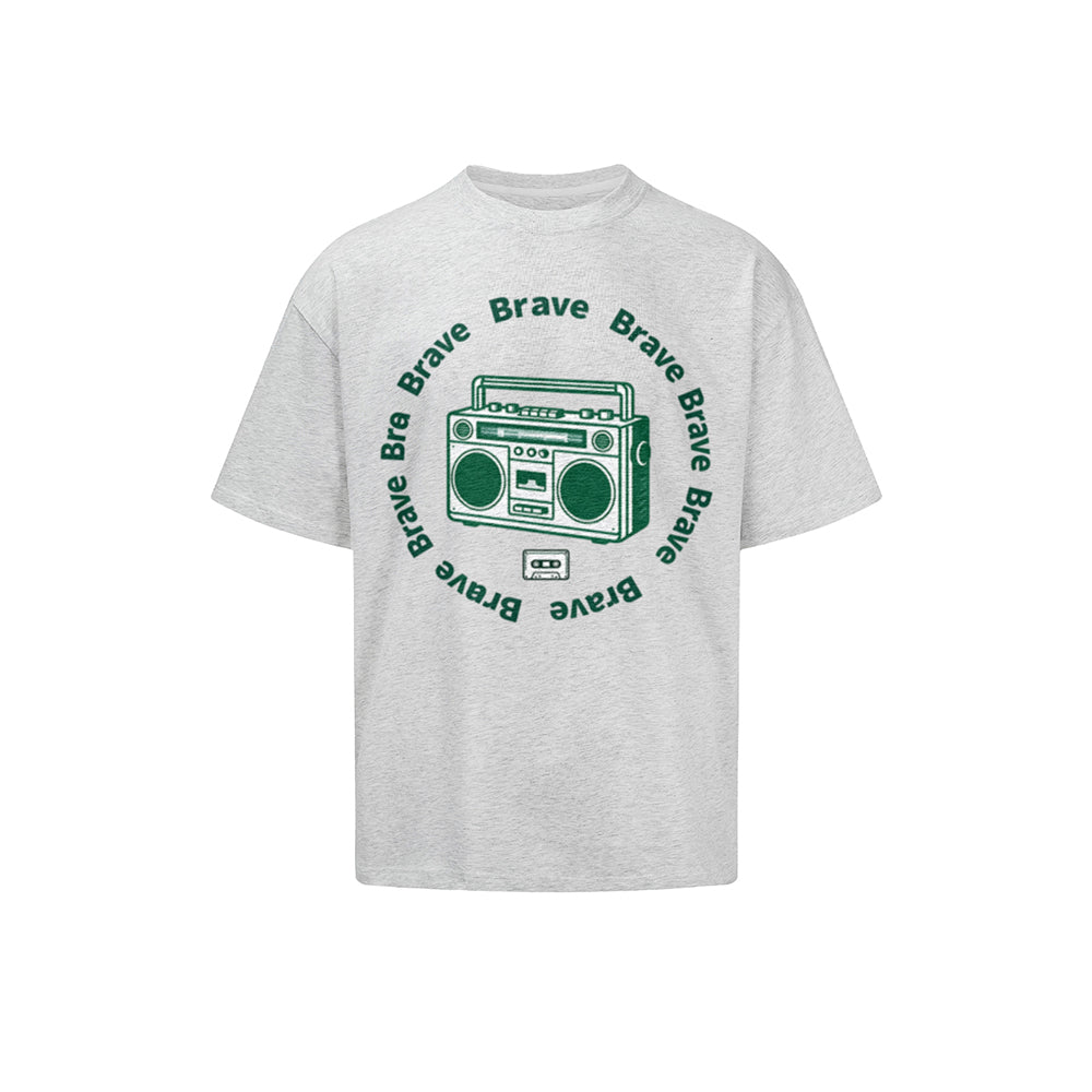 Solid Color T-Shirt Brave Boombox Retro Radio Circle Text Graphic Print Casual Daily Streetwear Feel lives