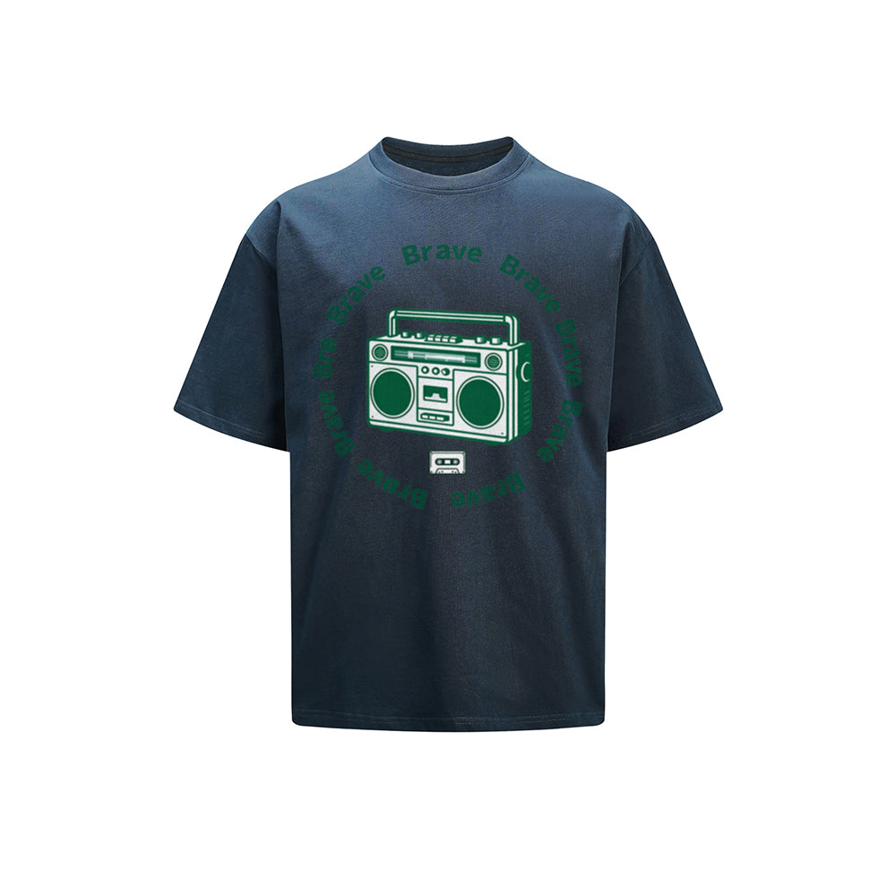 Solid Color T-Shirt Brave Boombox Retro Radio Circle Text Graphic Print Casual Daily Streetwear Feel lives