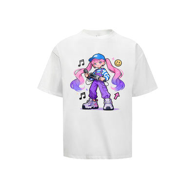 Solid Color T-Shirt Anime Girl Pink Hair Music Notes Smiley Face Cartoon Graphic Print Casual Daily Streetwear Feel lives
