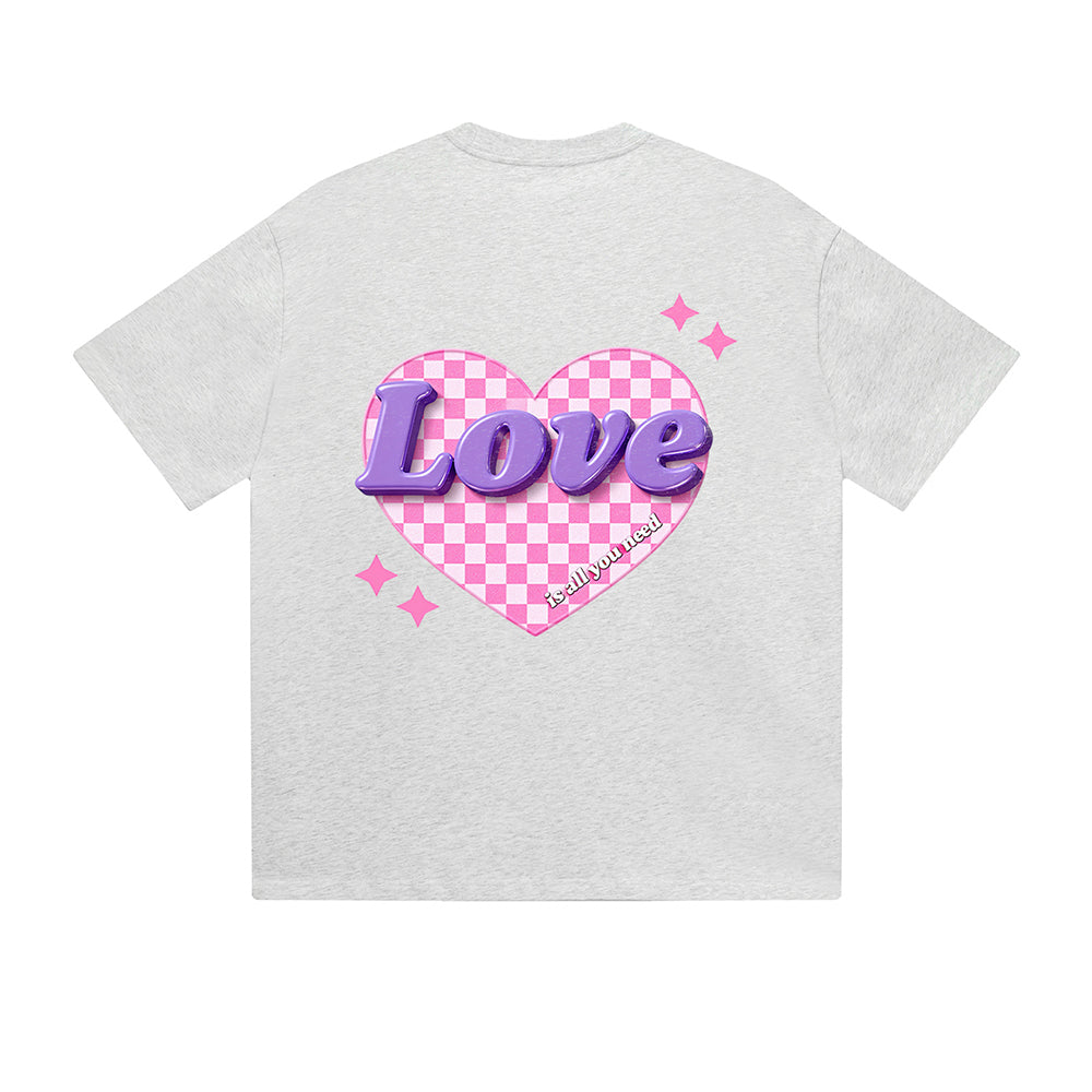 Solid Color T-Shirt Love Checkered Heart Purple 3D Text Sparkle Graphic Print Casual Daily Streetwear Feel lives