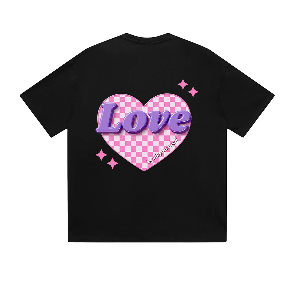Solid Color T-Shirt Love Checkered Heart Purple 3D Text Sparkle Graphic Print Casual Daily Streetwear Feel lives