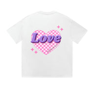 Solid Color T-Shirt Love Checkered Heart Purple 3D Text Sparkle Graphic Print Casual Daily Streetwear Feel lives