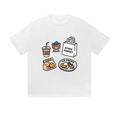 Solid Color T-Shirt Bear Coffee Cookie Ice Cream Hyper Market Shopping Cute Cartoon Graphic Print Casual Daily Streetwear Feel lives