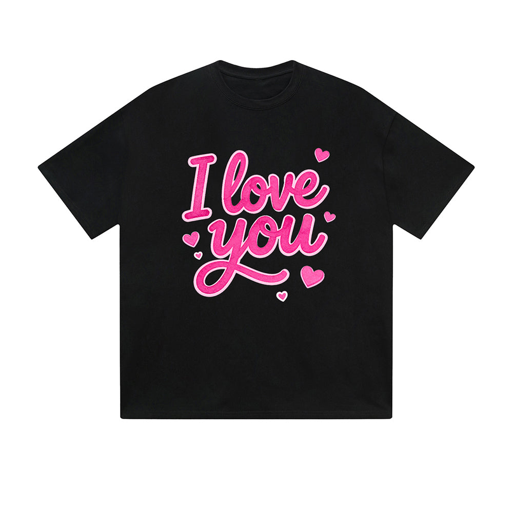 Solid Color T-Shirt I Love You Pink Heart Hand Lettering Romantic Text Graphic Print Casual Daily Streetwear Feel lives